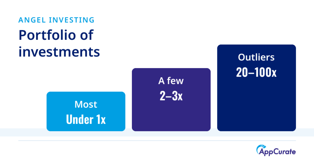Return multiples across an angel portfolio: most investments return under one times capital, a few return two to three times, and a tiny number of outliers return twenty to one hundred times and drive the portfolio.