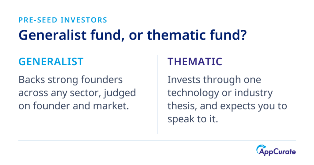 Generalist pre-seed funds compared with thematic funds: generalists back strong founders across any sector, while thematic funds invest through one technology or industry thesis and expect founders to speak to it.